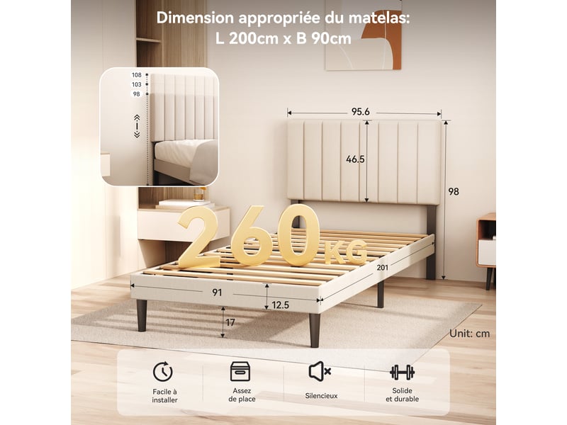  Lit 90 x 200 avec sommier,cadre de lit en métal robuste et durable, lattes en bois,lin beige  - Conforama E
