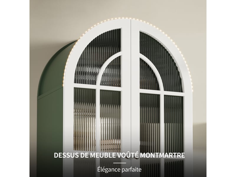  Vitrine haute 76 x 38,5 x 165 cm avec 2 portes en verre cannelé et 3 étagères, vert foncé et blanc  - Conforama E
