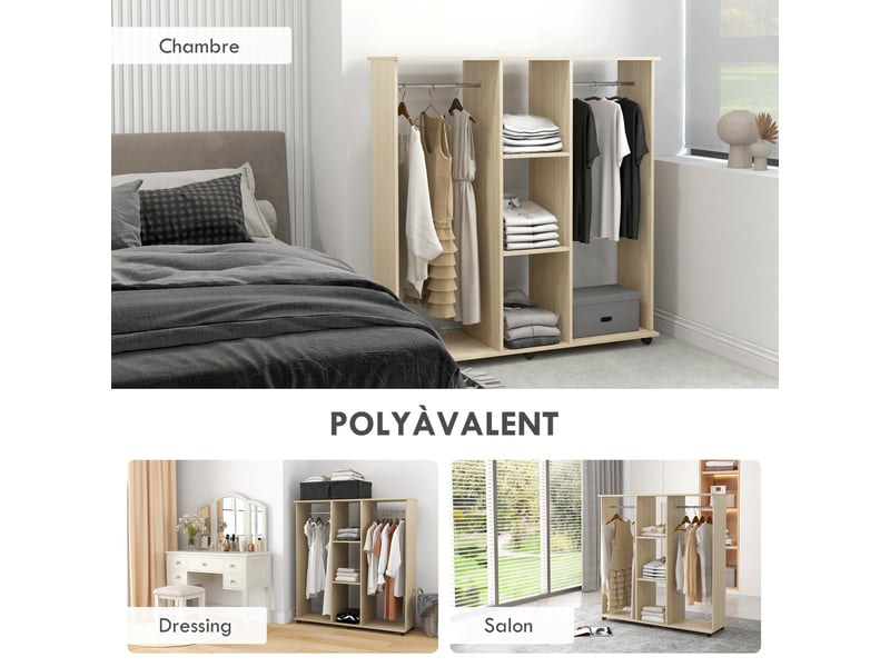 Armoire penderie meuble de rangement mobile 6 roulettes 120l x 40l x 128h cm en bois naturel  - Conforama E