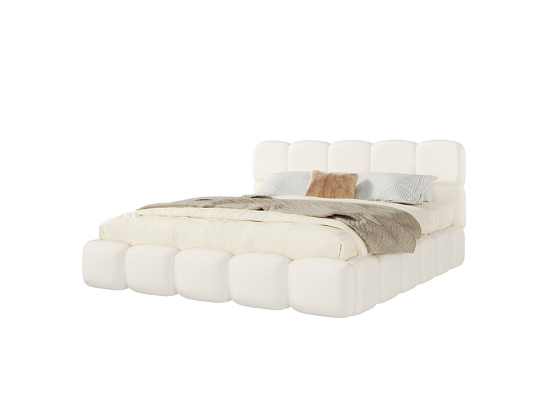 Lit coffre blanc 200 × 200 cm en bouclé, tête de lit rembourrée, avec sommier à lattes, sans matelas  - Conforama A