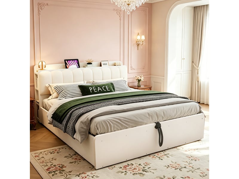 Lit coffre 180x200 cm, lit double, rangement hydraulique, étagères, port usb, tête de lit rembourrée, bois blanc, veilleuse - Conforama R