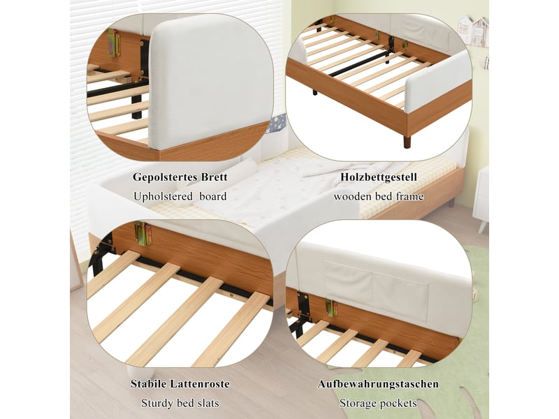  Lit enfant 90×200 cm avec barrière et 2 poches de rangement  - sans matelas, velours et bois - blanc  - Conforama E