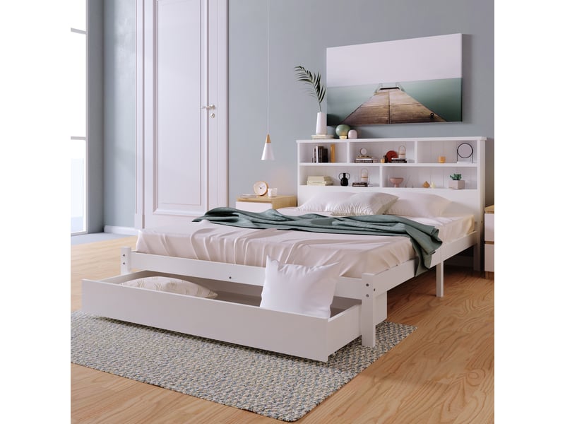 Lit double 140x200 cm en bois massif avec tiroirs de rangement, tête de lit bibliothèque avec étagères, sommier à lattes, lit adulte et enfant - blanc - Conforama D
