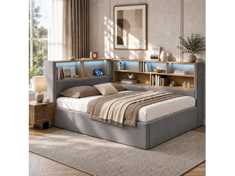  Lit avec rangement 140 x 190 cm gris en velours avec led, usb et type-c  - Conforama B