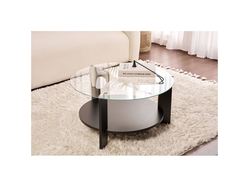 Table basse de salon en verre trempé et bois mdf mélaminé bois noir et transparent 75 x 75 x 40 cm - Conforama B