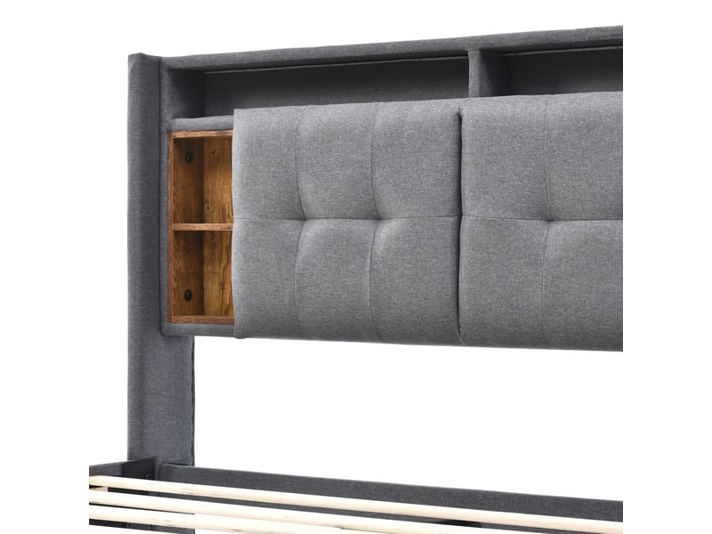  Lit double 140x200cm avec tête de lit à rangement, 2 chevets, éclairage led, port usb, sans matelas, lin, gris  - Conforama R