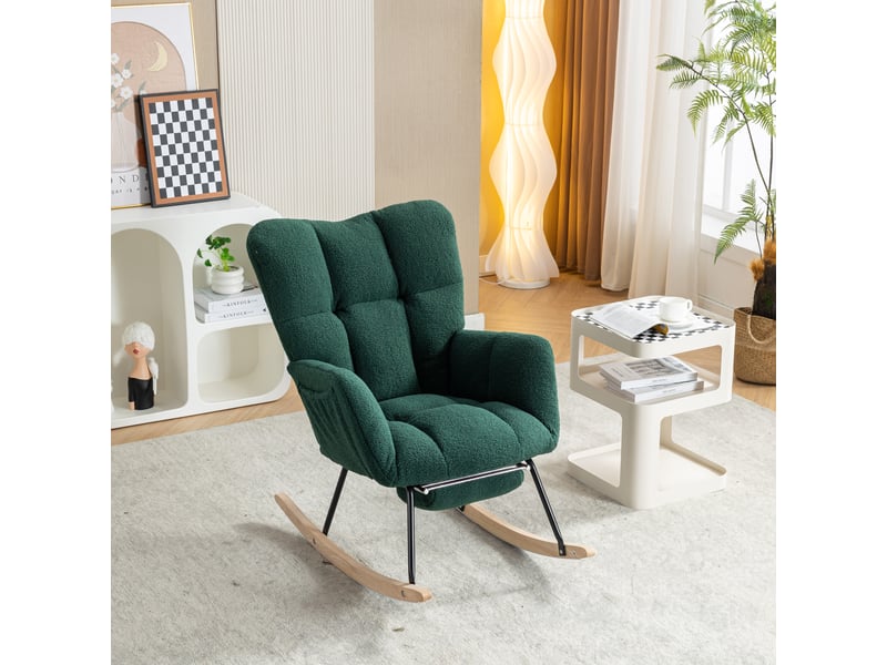  Fauteuil à bascule moderne avec rembourrage, revêtement en taffetas effet peluche et repose-pieds extensible, vert  - Conforama B