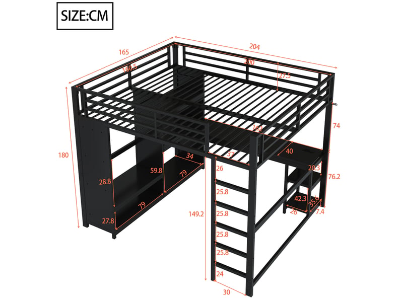  Lit mezzanine gaming en métal 160 x 200 avec éclairage led, bureau, penderie ouverte et compartiments de rangement, noir  - Conforama D