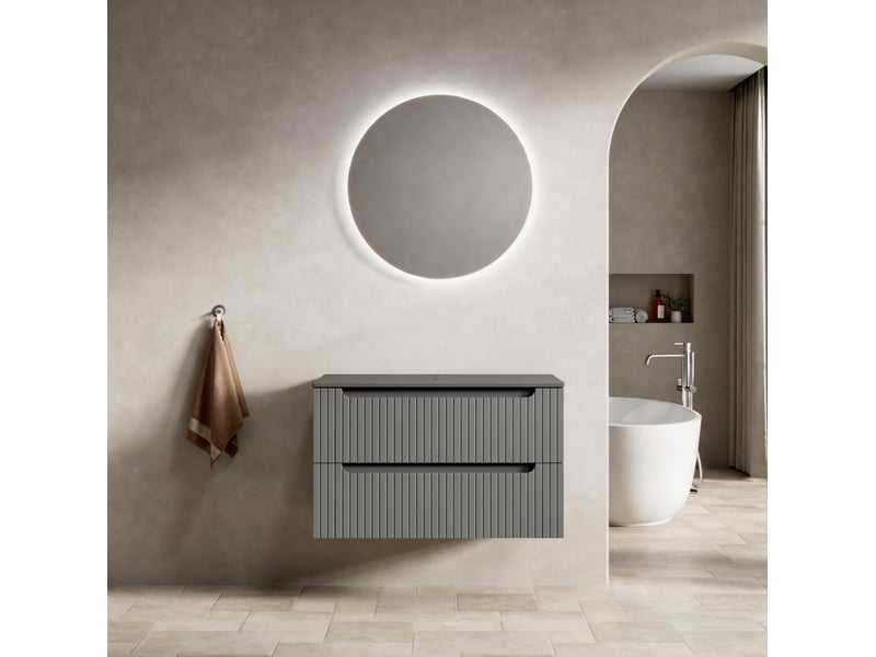Meuble sous vasque suspendu avec 2 tiroirs et plateau en pierre frittée pour salle de bain gris foncé 80 × 46 × 49,2 cm - Conforama D