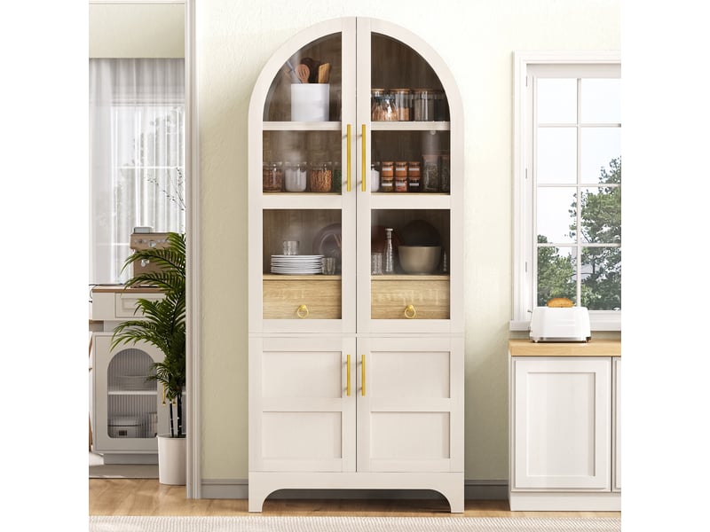  Buffet de cuisine- 76x40x180cm - meuble rangement cuisine verre cannelé en arche, 4 portes, tiroir - blanc et bois chêne  - Conforama B