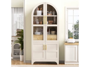 Buffet de cuisine- 76x40x180cm - meuble rangement cuisine verre cannelé en arche, 4 portes, tiroir - blanc et bois chêne