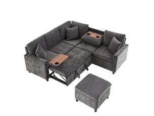 Canapé d'angle convertible 4 places en tissu gris avec tablettes, ports usb et type-c et lampe de lecture
