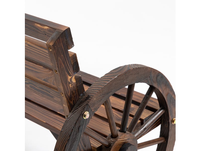  Banc de jardin 2 places en bois marron avec accoudoirs roues de chariot, style rustique pour terrasse  - Conforama D