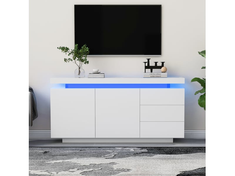 Buffet blanc avec led, 2 portes et 3 tiroirs - 140 x 35 x 72,5 cm - Conforama C