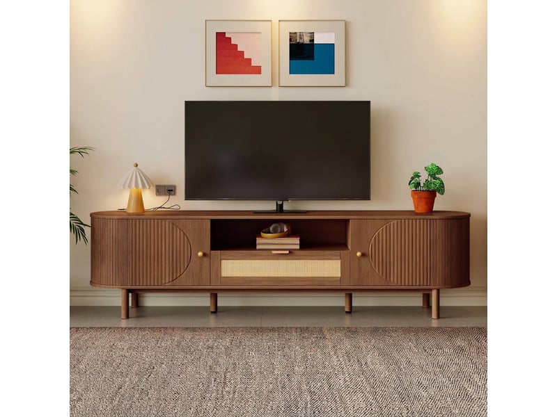  Meuble tv moderne noyer 175 cm avec tiroirs et compartiments ouverts design arrondi  - Conforama B