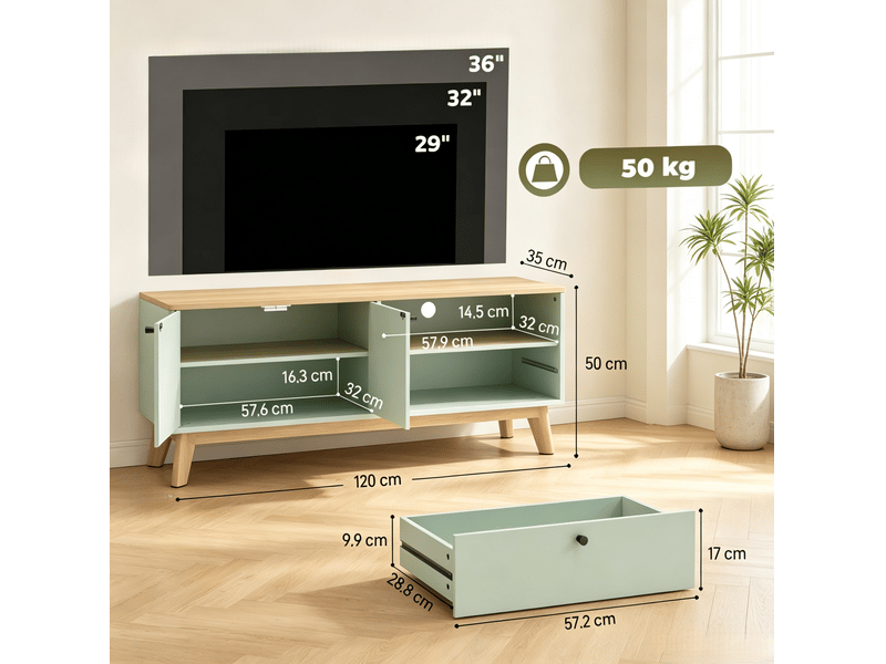  Meuble tv 120 cm avec 2 portes, tiroir et niche ouverte, pour téléviseur jusqu'à 36 pouces  - Conforama D