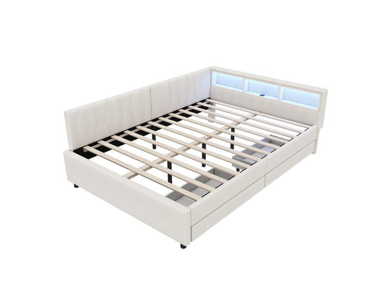  Lit de jour, 140 x 200 cm, canapé-lit, compartiment de rangement près du lit, ports usb et type c, bande lumineuse led, lit avec deux tiroirs, sommier à lattes (sans matelas), lin, beige  - Conforama E