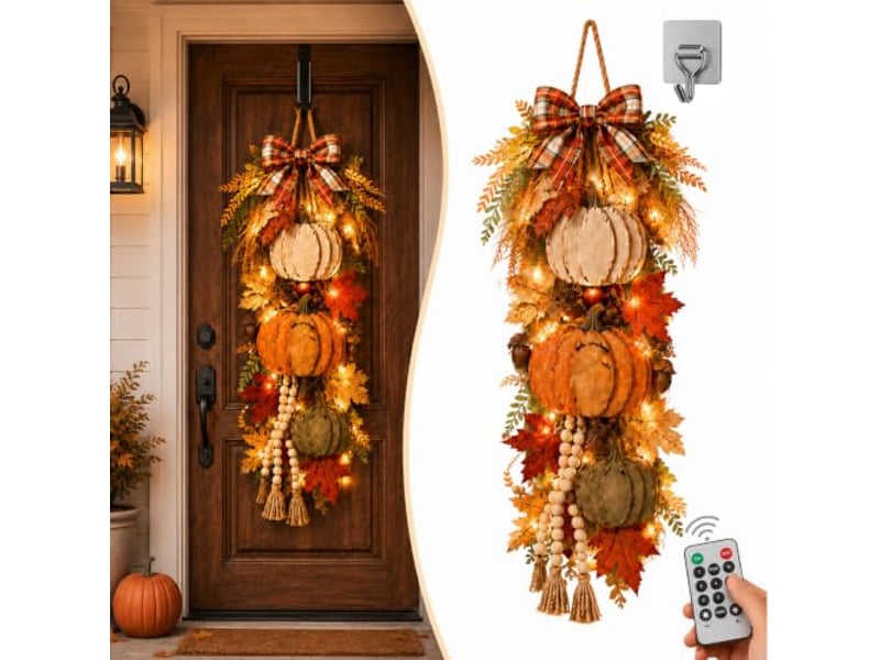  Pendaison décorative en bois citrouille, led chaud – style rustique, pour porte et décoration automnale  - Conforama E
