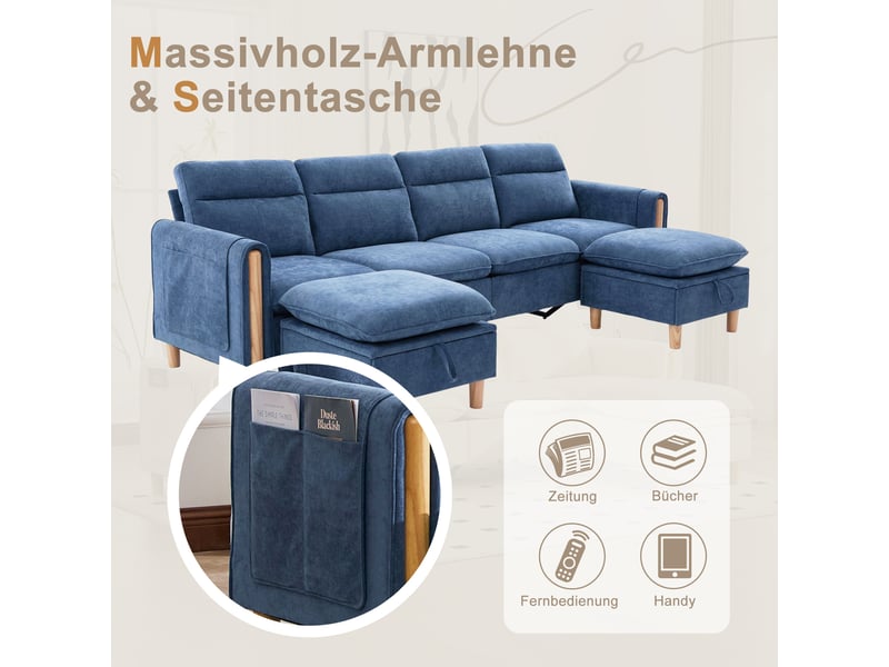  Grand canapé en u avec 2 poufs à rangement, modulable 4 places, pieds en bois, chenille bleu  - Conforama E