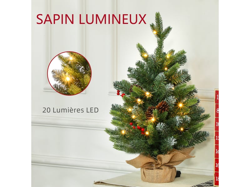  Sapin de noël 60 cm arbre de noël de table avec lumière led, 141 pointes, pommes de pin et baies rouges, base en béton  - Conforama D