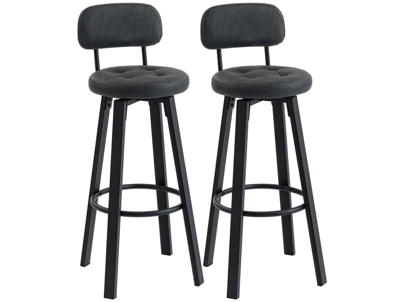  Ensemble de 2 tabourets de bar pivotants pour cuisine, revêtement en polyuréthane, avec dossier, structure en métal et repose-pieds, gris foncé  - Conforama A