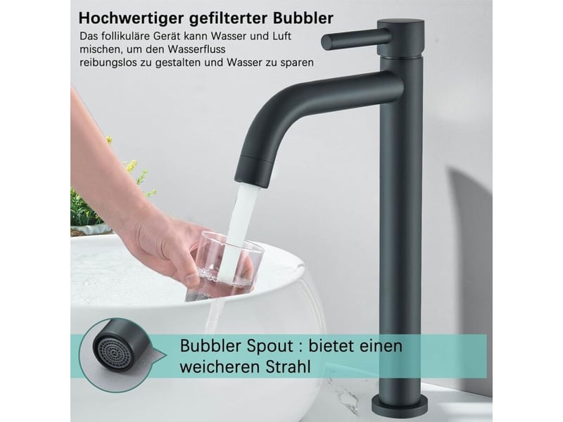  Robinet mitigeur monocommande noir mat à montage haut avec flexible de 80 cm, en acier inoxydable, adapté aux lavabos de salle de bain  - Conforama B