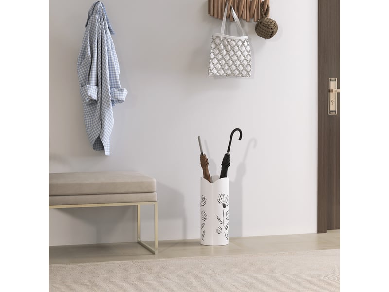  Porte-parapluie en acier avec 4 crochets, bac égouttoir amovible et design décoratif, 17 x 17 x 41 cm, blanc  - Conforama D