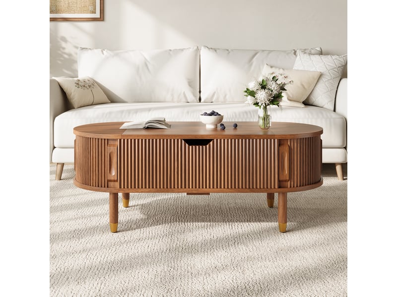 Table basse ovale relevable hydraulique avec rangement, table de salon avec portes coulissantes rainurées, plateau mdf, pieds en bois d'hévéa, noyer - Conforama E