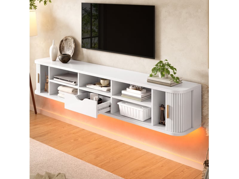  Meuble tv mural 175x30x30 cm avec led réglable par application, mdf blanc  - Conforama W