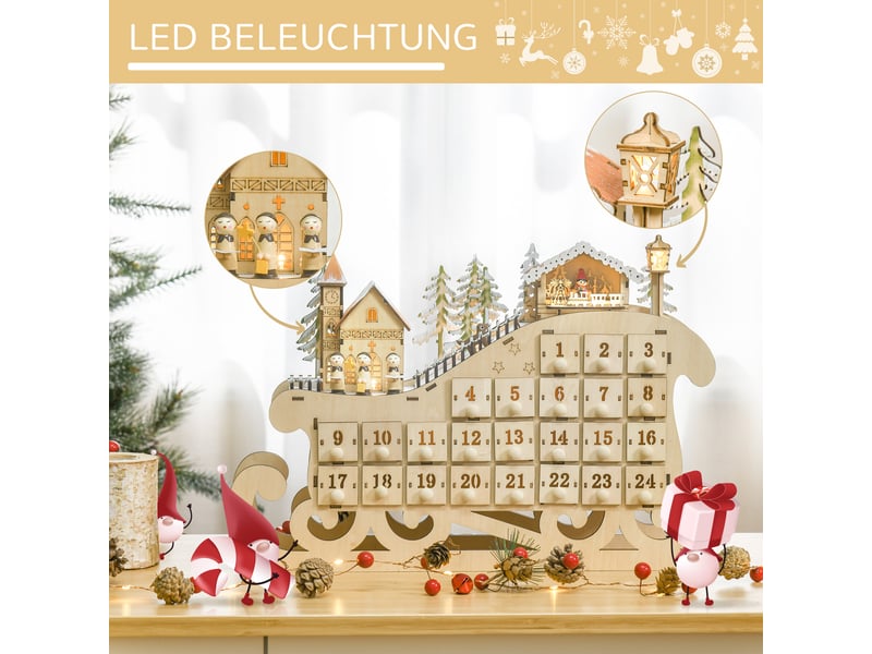  Calendrier de l'avent à remplir avec 24 tiroirs, lumières led, forme de traîneau, calendrier de l'avent à personnaliser, compte à rebours de noël, cadeau pour enfants et adultes  - Conforama B