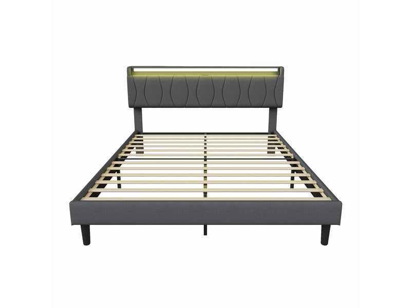  Lit adulte 2 places 140x200 cm avec tête de lit, lit double, led, rangement sous le lit, ports usb et type-c, lin gris  - Conforama R