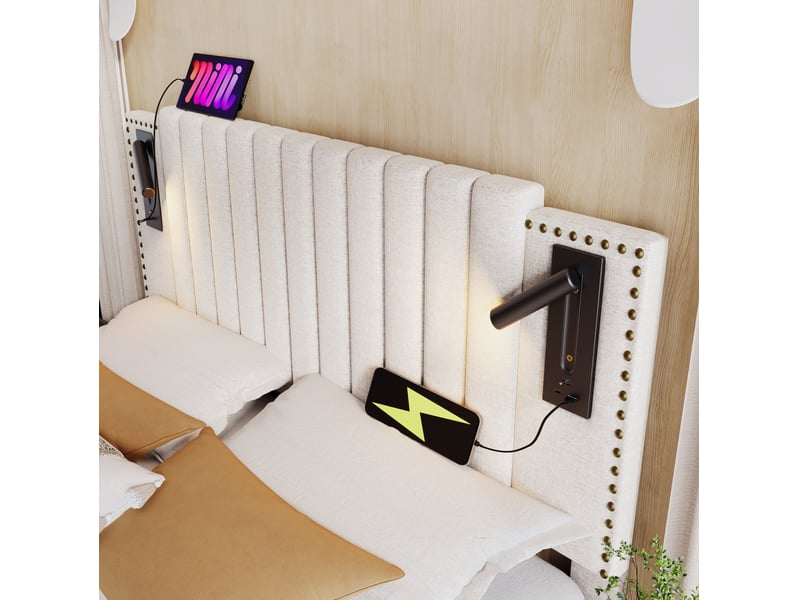  Lit coffre 160x200 cm avec liseuse, charge usb et type c, tête de lit à rivets, beige, avec matelas  - Conforama D