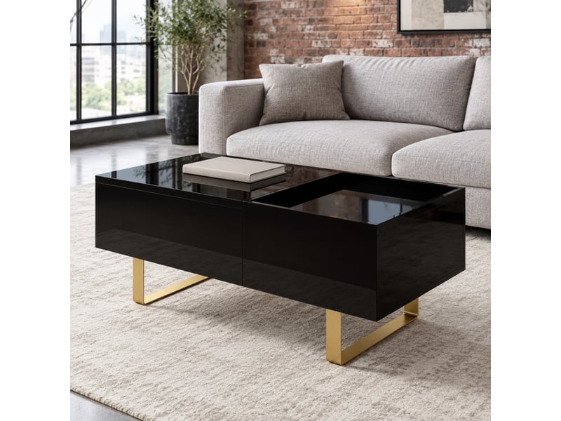 Table basse rectangulaire, avec plateau relevable hydraulique, rangement caché et tiroir, pour salon, mdf, noir - Conforama B