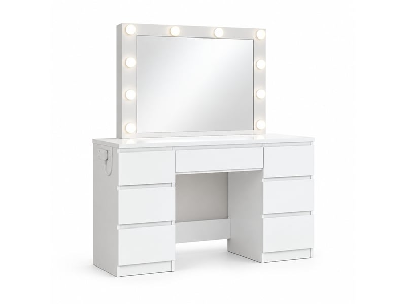  Coiffeuse avec miroir led 110x39,5x140,5 cm blanche, bois d'ingénierie et verre, 7 tiroirs et prises  - Conforama A