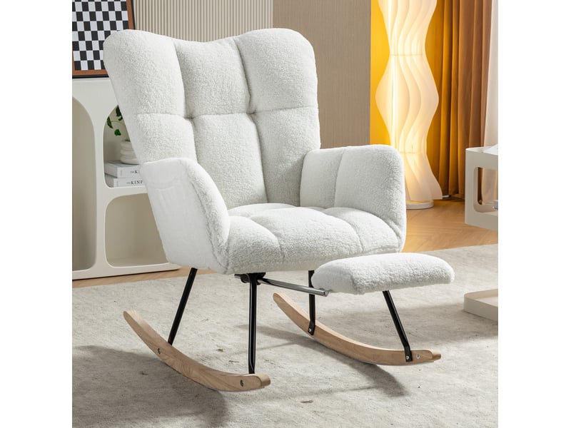 Fauteuil à bascule avec repose-pieds pliable et dossier haut ergonomique, en tissu bouclette blanc, 80 × 98 × 98,5 cm - Conforama B