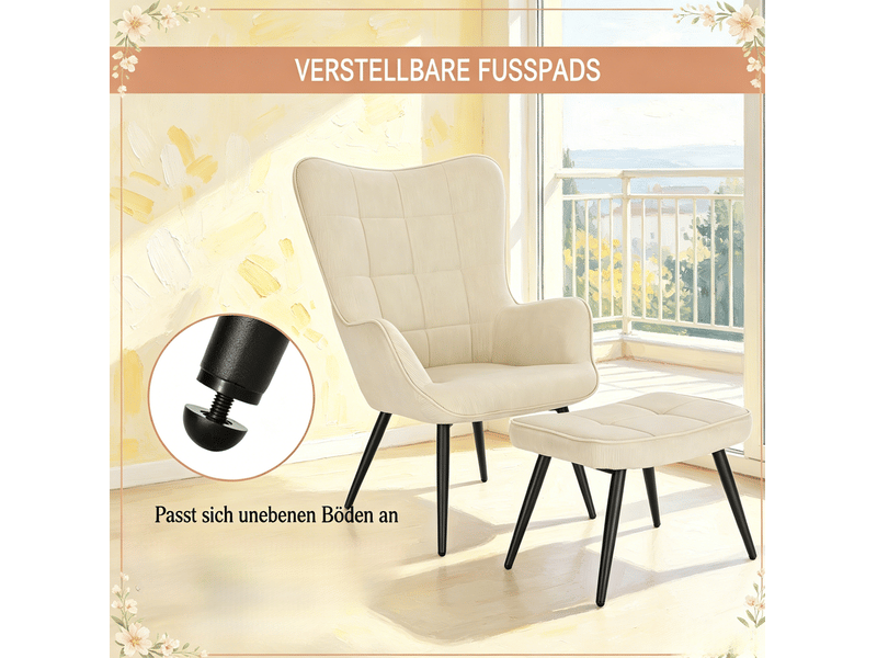 Fauteuil avec pouf en corduroy avec dossier haut et assise rembourrée, style moderne crème - Conforama E