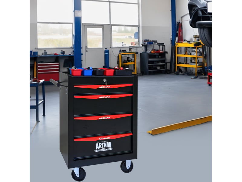  Servante d’atelier mobile 60x33x77,5 cm en acier noir et rouge, 4 tiroirs  - Conforama E