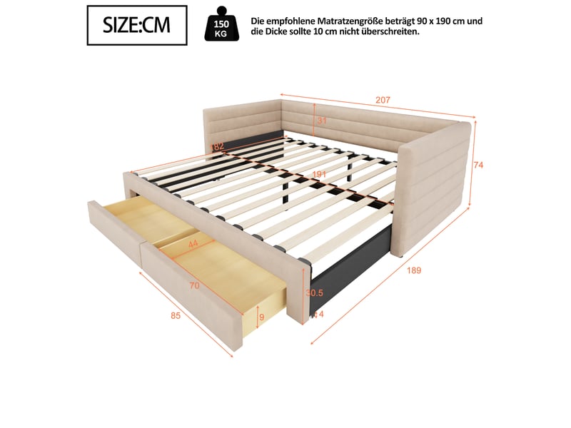  Lit 3-en-1 évolutif, 90x190 cm, espace nuit, avec tiroirs pratiques, matelas non inclus, mdf et métal, coloris beige  - Conforama C
