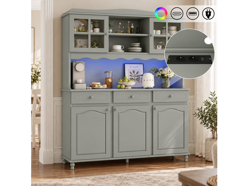  Buffet de cuisine 135 x 40 x 185 cm avec prises intégrées et éclairage led coloré, rangements modulables, gris vert  - Conforama B
