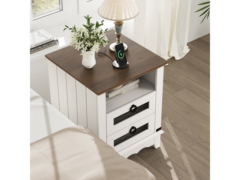  Table d'appoint farmhouse, station de recharge, 2 tiroirs, niche ouverte, 2 ports usb, 46 cm, salon bout canapé chevet, marron blanc PHO_0ZPH8GHH - Conforama E