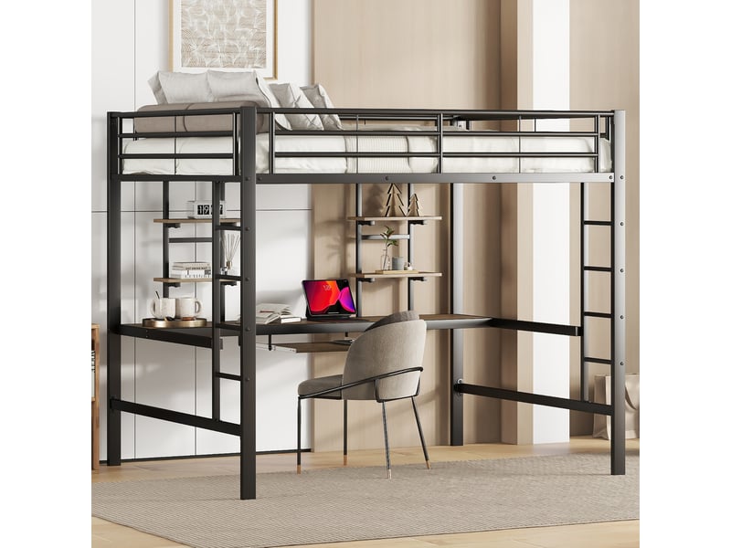  Lit mezzanine 140x200 cm avec bureau et 2 étagères noir  - Conforama D