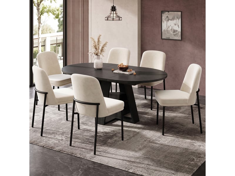  Ensemble table et chaises 4-6p, table ronde extensible 110150cm effet bois noir + rangement, 6 chaises velours beige  - Conforama D