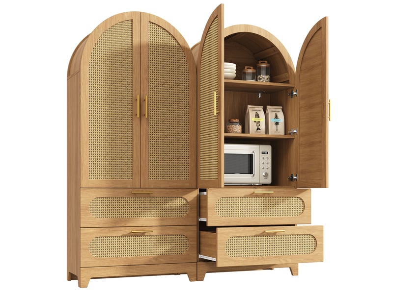 Armoire de cuisine 80x40x175 cm, buffet haut et garde-manger, lot de 2, 2 portes, 2 tiroirs, façade effet rotin, mdf et métal bois naturel CozyNest - Conforama A