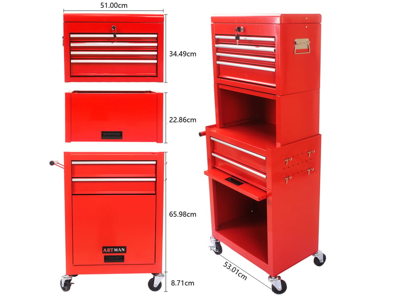 Meuble de rangement à 6 tiroirs verrouillables, roulettes avec freins pour garage, acier rouge, 58,6 × 37,5 × 71,8 cm - Conforama B