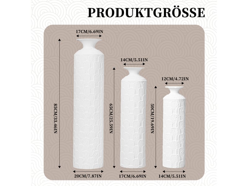  Lot de 3 vases de sol en métal 506585 cm – blanc mat – texture relief, décoration semi-artisanale  - Conforama C