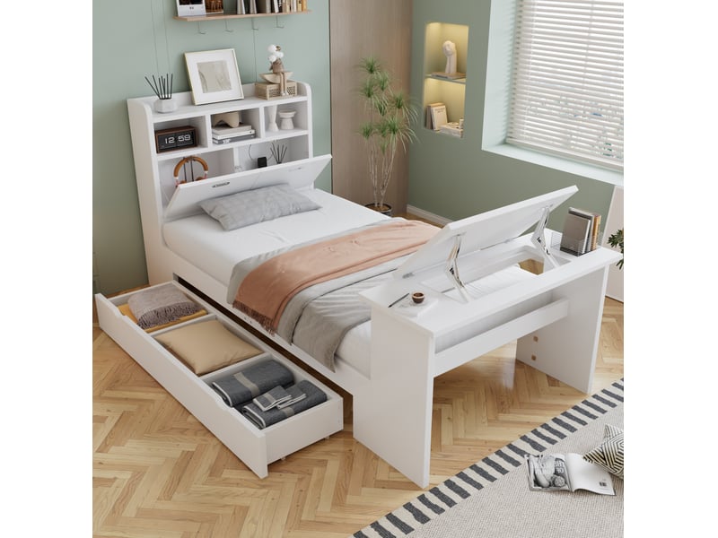  Lit enfant simple 90x200 cm, rangement, table rabattable, tête de lit rangement, structure bois, blanc, sans matelas  - Conforama D