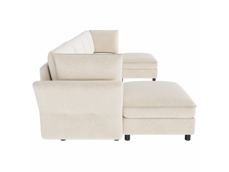  Canapé d'angle modulable 6 places en chenille beige avec coffre intégré et pouf, configuration en u ou en l  - Conforama D
