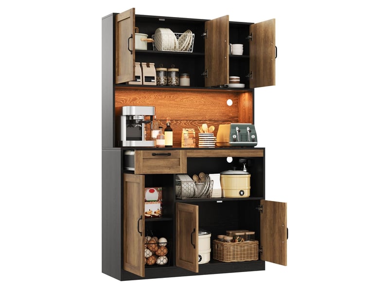  Vitrine 110 x 40 x 180 cm éclairage led meuble de rangement 6 portes 1 tiroir prises intégrées rangement haut rangement à provisions  - Conforama D