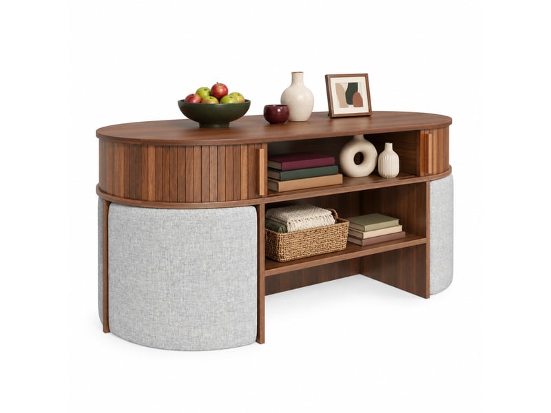  Table basse ovale avec rangement 120x60x51,5 cm, panneau de particules et en mdf, tabourets, noyer  - Conforama A
