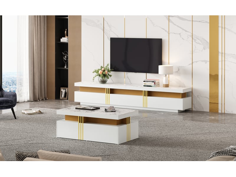 Ensemble meuble TV blanc, avec garniture dorée, comprenant une table basse et un support TV  - Conforama B